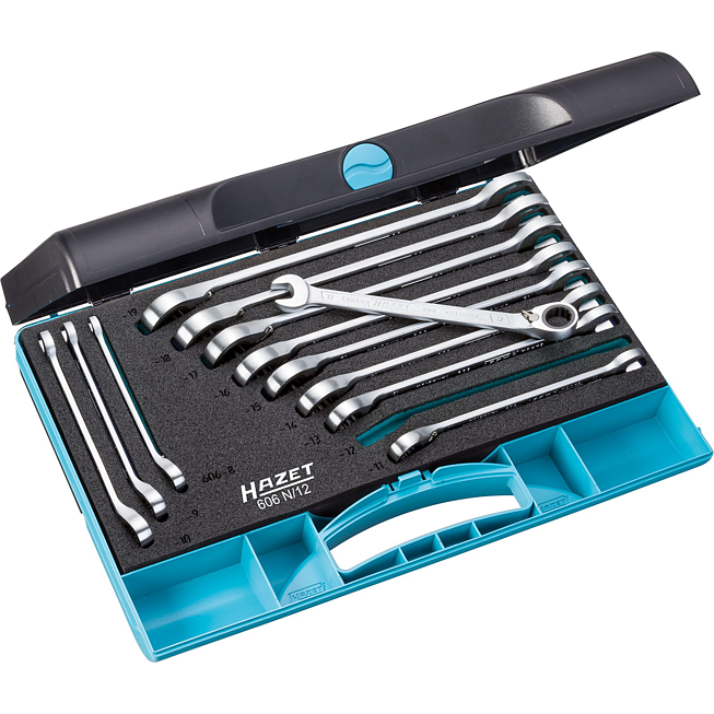 HAZET Sada ráčnových očkoplochých klíčů 606N/12 ∙ Vnější dvojitý šestihran trakční profil ∙ 12-dílný ∙ 8 – 19