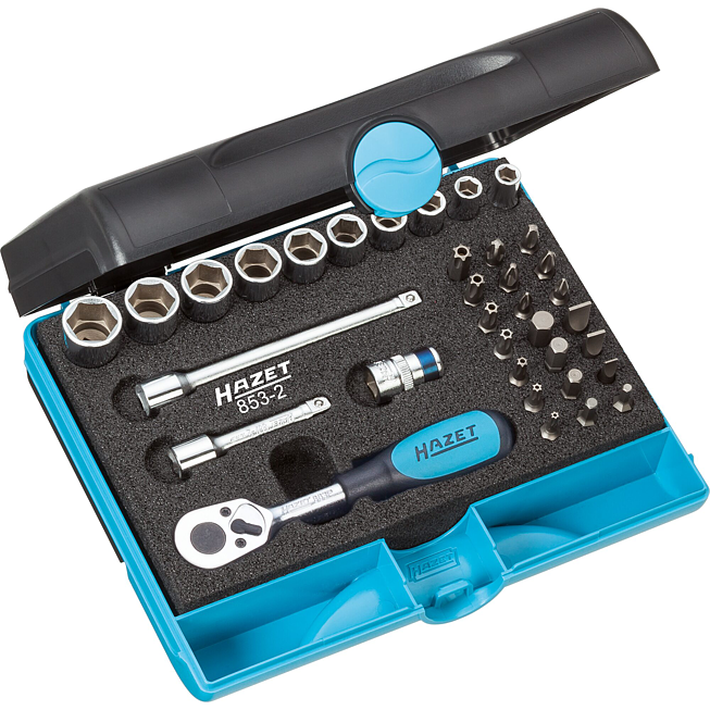 HAZET Sada n&aacute;strčn&yacute;ch kl&iacute;čů 853-2 ∙ 1/4 palce (6,3 mm) čtyřhran dut&yacute; ∙ Trakčn&iacute; profil vněj&scaron;&iacute; &scaron;estihran, Kř&iacute;žov&yacute; profil PH, Profil Pozidriv PZ, Ploch&yacute; profil, Profil Tamper Resistant TORX&reg; ∙ 35-d&iacute;ln&yacute; ∙ 3&thinsp;&ndash;&thinsp;14 ∙ PH1&thinsp;&ndash;&thinsp;PH3 ∙ PZ1&thinsp;&ndash;&thinsp;PZ3 ∙ T10H&thinsp;&ndash;&thinsp;T40H