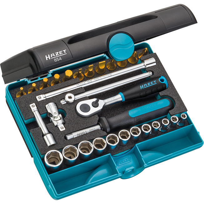 HAZET Sada n&aacute;strčn&yacute;ch kl&iacute;čů 854 ∙ 1/4 palce (6,3 mm) čtyřhran dut&yacute; ∙ Trakčn&iacute; profil vněj&scaron;&iacute; &scaron;estihran, Profil vnitřn&iacute; &scaron;estihran, Kř&iacute;žov&yacute; profil PH, Profil Pozidriv PZ, Ploch&yacute; profil ∙ 30-d&iacute;ln&yacute; ∙ 3&thinsp;&ndash;&thinsp;14 ∙ PH1&thinsp;&ndash;&thinsp;PH2 ∙ PZ1&thinsp;&ndash;&thinsp;PZ2