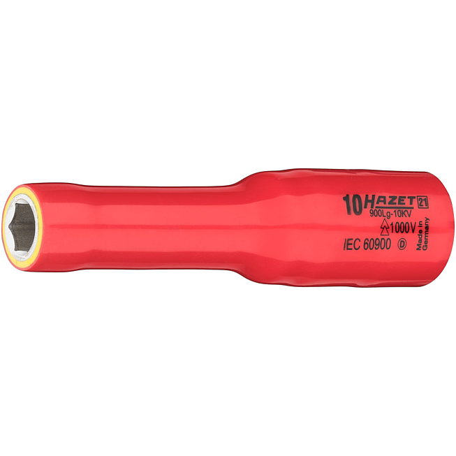 HAZET Nástrčná hlavice ∙ dlouhá ∙ s ochrannou izolací 900LG-10KV ∙ 1/2 palce (12,5 mm) čtyřhran dutý ∙ Trakční profil vnější šestihran ∙ Velikost 10 mm