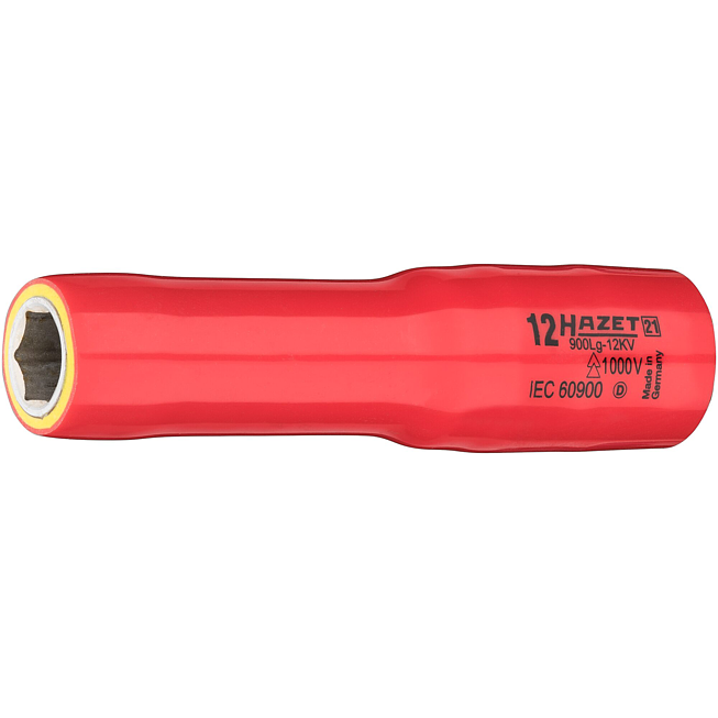 HAZET Nástrčná hlavice ∙ dlouhá ∙ s ochrannou izolací 900LG-12KV ∙ 1/2 palce (12,5 mm) čtyřhran dutý ∙ Trakční profil vnější šestihran ∙ Velikost 12 mm