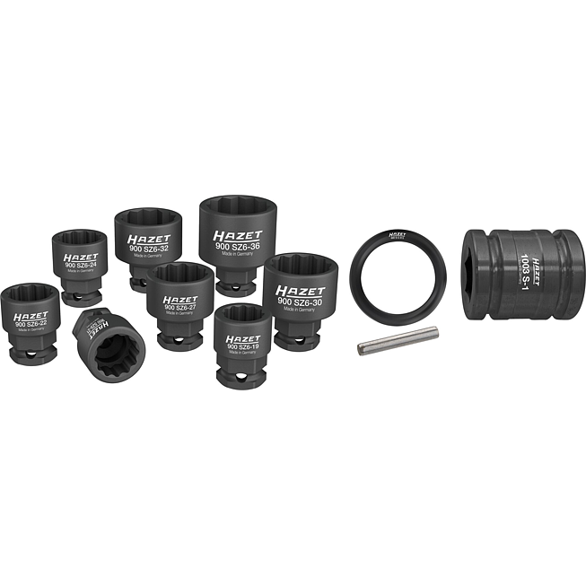 HAZET Sada nástrčných klíčů pro rázový a strojový utahovák 900SZ6/11 ∙ 1/2 palce (12,5 mm) čtyřhran dutý, 24 mm vnější šestihran ∙ Vnější dvojitý šestihran trakční profil ∙ 11-dílný ∙ 19 ∙ 21 ∙ 22 ∙ 24 ∙ 27 ∙ 30 ∙ 32 ∙ 36