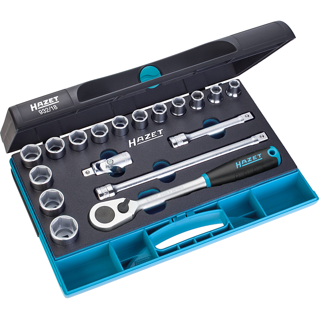 HAZET Sada n&aacute;strčn&yacute;ch kl&iacute;čů 932/18 ∙ 1/2 palce (12,5 mm) čtyřhran dut&yacute; ∙ Trakčn&iacute; profil vněj&scaron;&iacute; &scaron;estihran ∙ 18-d&iacute;ln&yacute; ∙ 10 &ndash; 27