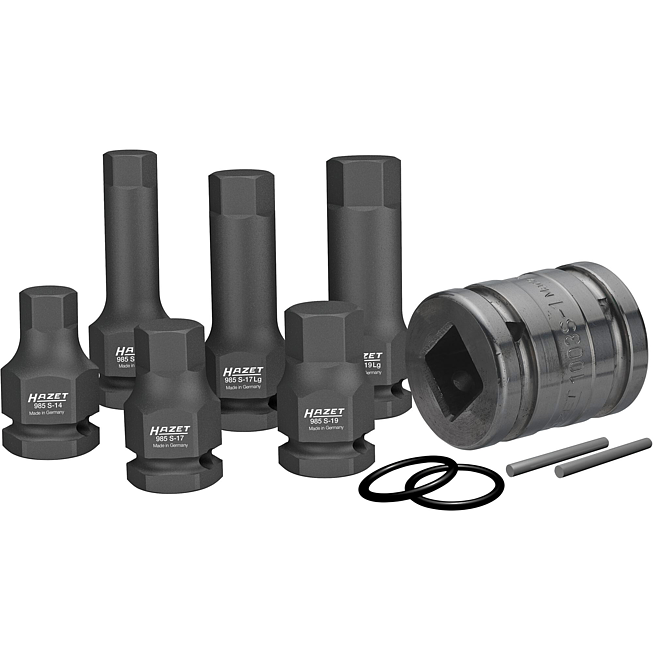 HAZET Sada n&aacute;strčn&yacute;ch hlavic pro r&aacute;zov&yacute;, strojov&yacute; utahov&aacute;k 985S/11 ∙ 1/2 palce (12,5 mm) čtyřhran dut&yacute; ∙ Profil vnitřn&iacute; &scaron;estihran ∙ 11-d&iacute;ln&yacute; ∙ 14 ∙ 17 ∙ 19