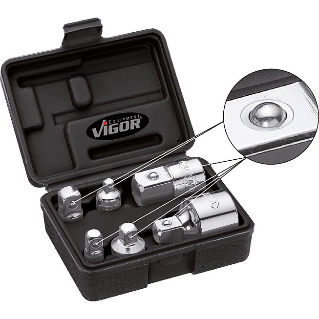 VIGOR Sada adapt&eacute;rů ∙ V1293 ∙ 1/4 palce (6,3 mm) čtyřhran dut&yacute;, 3/8 palce (10 mm) čtyřhran dut&yacute;, 1/2 palce (12,5 mm) čtyřhran dut&yacute;, 3/4 palce (20 mm) čtyřhran dut&yacute; ∙ 1/4 palce (6,3 mm) čtyřhran masivn&iacute;, 3/8 palce (10 mm) čtyřhran masivn&iacute;, 1/2 palce (