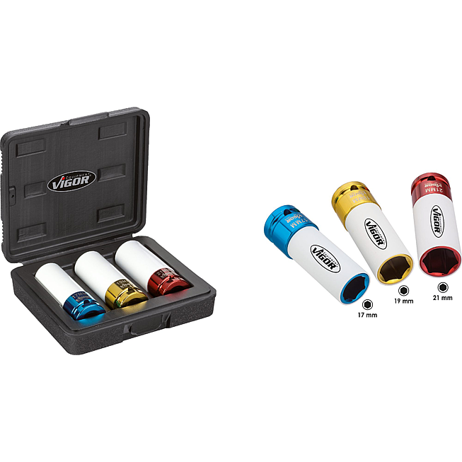 VIGOR Sada n&aacute;strčn&yacute;ch hlavic pro r&aacute;zov&eacute; utahov&aacute;ky ∙ V2522 ∙ 1/2 palce (12,5 mm) čtyřhran dut&yacute; ∙ Vněj&scaron;&iacute; profil &scaron;estihran ∙ 3-d&iacute;ln&yacute; ∙ 17 ∙ 19 ∙ 21 mm ∙ Počet ks n&aacute;řad&iacute;: 3