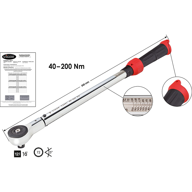 VIGOR Momentov&yacute; kl&iacute;č ∙ V3441 ∙ Rozsah momentu min-max: 40 &ndash; 200 Nm ∙ Přesnost: 4% ∙ 1/2 palce (12,5 mm) čtyřhran masivn&iacute; ∙ 540 mm