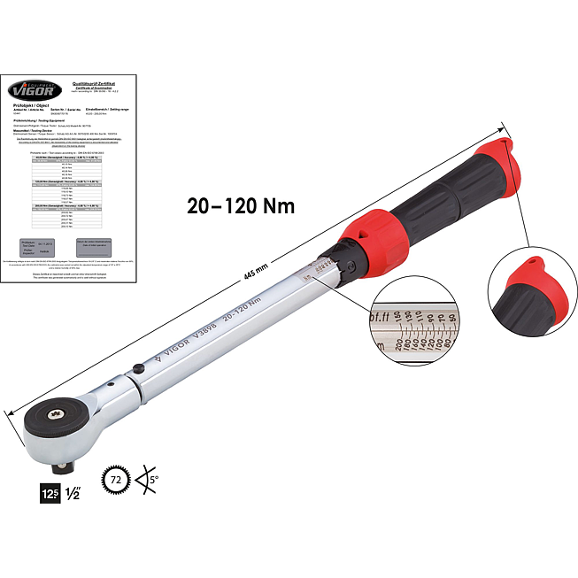 VIGOR Momentov&yacute; kl&iacute;č ∙ V3898 ∙ Rozsah momentu min-max: 20 &ndash; 120 Nm ∙ Přesnost: 4% ∙ 1/2 palce (12,5 mm) čtyřhran masivn&iacute; ∙ 445 mm