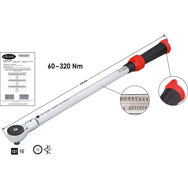 VIGOR Momentov&yacute; kl&iacute;č ∙ V3899 ∙ Rozsah momentu min-max: 60 &ndash; 320 Nm ∙ Přesnost: 4% ∙ 1/2 palce (12,5 mm) čtyřhran masivn&iacute; ∙ 610 mm