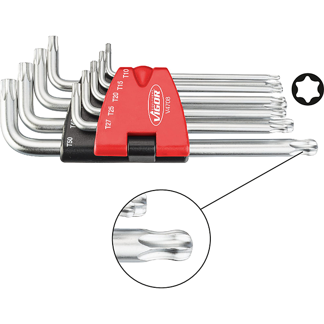 VIGOR Sada &uacute;hlov&yacute;ch &scaron;roubov&aacute;ků ∙ dlouh&yacute;ch ∙ kulov&aacute; hlava ∙ V4708 ∙ Vnitřn&iacute; profil TORX&reg; ∙ 9-d&iacute;ln&yacute; ∙ T10 &middot; T15 &middot; T20 &middot; T25 &middot; T27 &middot; T30 &middot; T40 &middot; T45 &middot; T50 ∙ Počet ks n&aacute;řad&iacute;: 9