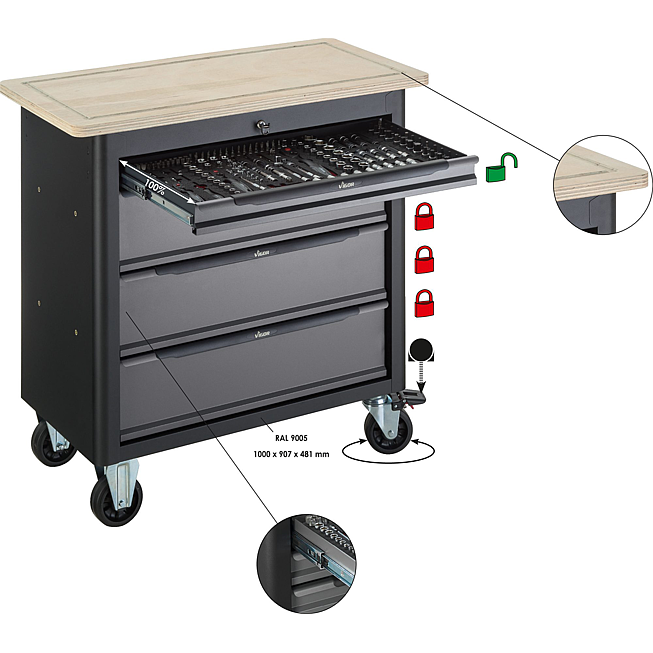 VIGOR Mobiln&iacute; pracovn&iacute; stůl řady XL ∙ pr&aacute;zdn&yacute; ∙ V4814 ∙ d x &scaron; x v: 907 mm x 481 mm x 990 mm