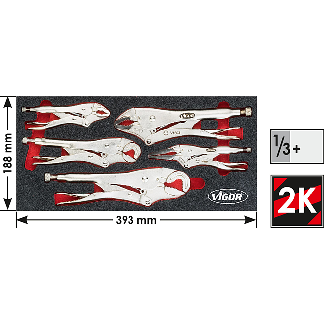 VIGOR Sada svěrac&iacute;ch kle&scaron;t&iacute; ∙ V5004 ∙ 5-d&iacute;ln&yacute; ∙ 16 &ndash; 27 mm ∙ 11 &ndash; 19 mm ∙ Počet ks n&aacute;řad&iacute;: 5