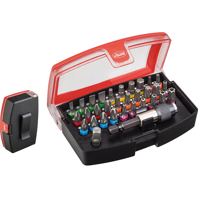 VIGOR Box s&nbsp;bity ∙ V5019 ∙ 1/4 palce (6,3 mm) &scaron;estihran masivn&iacute; ∙ Ploch&yacute; profil, Profil s vnitřn&iacute;m &scaron;estihranem, Kř&iacute;žov&yacute; profil PH, Profil Pozidriv PZ, Vnitřn&iacute; profil TORX&reg;, Profil Tamper Resistant TORX&reg; ∙ 32-d&iacute;ln&yacute; ∙ 0,5&nbsp;x&nbsp;3&nbsp;&ndash;&nbsp;1&nbsp;x&nbsp;6 &middot; 3&nbsp;&ndash;&nbsp;6 &middot; PH1&nbsp;&ndash;&nbsp;PH