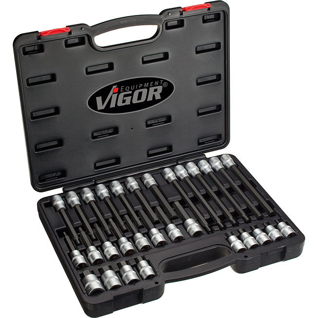 VIGOR Sada nástrčných hlavic pro šrouby s vnitřním šestihranem ∙ V1919 ∙ 1/2 palce (12,5 mm) čtyřhran dutý ∙ Profil vnitřní šestihran ∙ 30-dílný ∙ 5 – 19 ∙ Počet ks nářadí: 30
