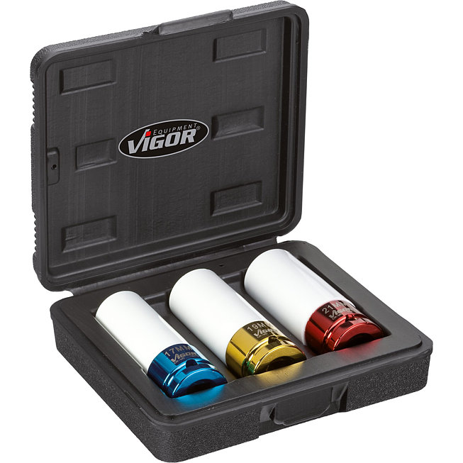 VIGOR Sada nástrčných hlavic pro rázové utahováky ∙ V2522 ∙ 1/2 palce (12,5 mm) čtyřhran dutý ∙ Profil vnější šestihran ∙ 3-dílný ∙ 17 ∙ 19 ∙ 21 mm ∙ Počet ks nářadí: 3