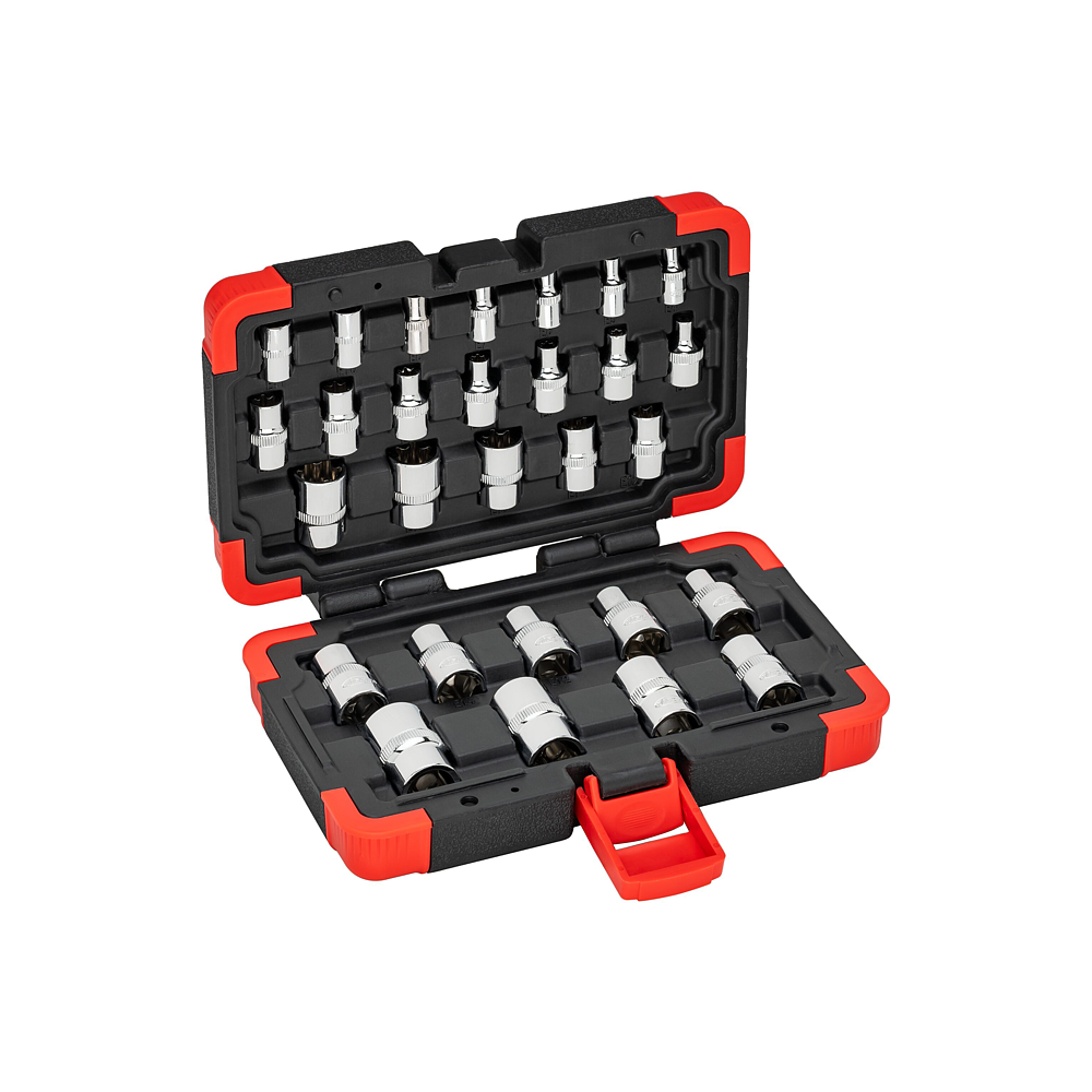 VIGOR Sada T nástrčných hlavic ∙ V2687N ∙ 1/4 palce (6,3 mm) čtyřhran dutý, 3/8 palce (10 mm) čtyřhran dutý, 1/2 palce (12,5 mm) čtyřhran dutý ∙ 28-dílný ∙ E4 – E24 ∙ Počet ks nářadí: 28