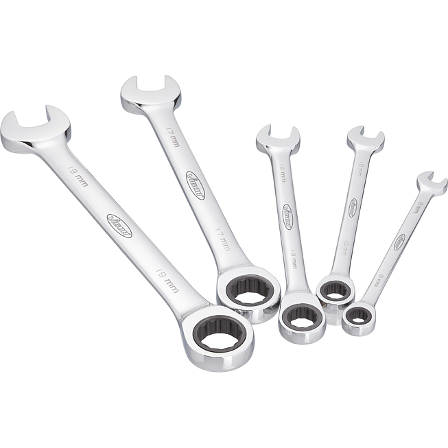 VIGOR Sada ráčnových očko-plochých klíčů ∙ dlouhých ∙ V2820 ∙ Vnější dvojitý šestihran profil, Profil vnější šestihran ∙ 5-dílný ∙ 8 ∙ 10 ∙ 13 ∙ 17 ∙ 19 mm ∙ Počet ks nářadí: 5