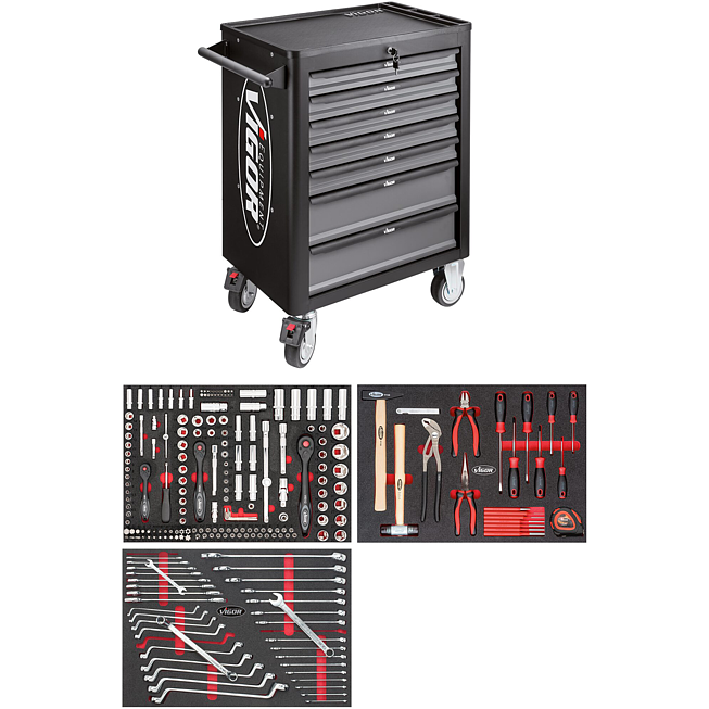 VIGOR Dílenský vozík řady L ∙ s nářadím ∙ V4219 ∙ 248-dílný ∙ Počet ks nářadí: 248