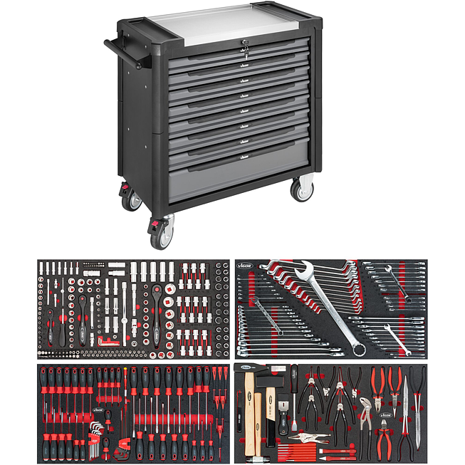 VIGOR Dílenský vozík řady XL ∙ nerezová pracovní deska ∙ s nářadím ∙ V4481-X/375 ∙ 375-dílný ∙ Počet ks nářadí: 375