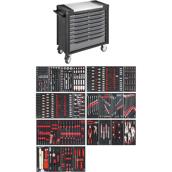VIGOR Dílenský vozík řady XL ∙ nerezová pracovní deska ∙ s nářadím ∙ V4481-X/499 ∙ 514-dílný ∙ Počet ks nářadí: 514