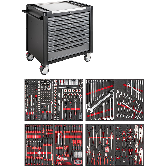 VIGOR Dílenský vozík řady XD ∙ extra hluboký ∙ nerezová pracovní deska ∙ s nářadím ∙ V4481-XD/469 ∙ 469-dílný ∙ Počet ks nářadí: 469