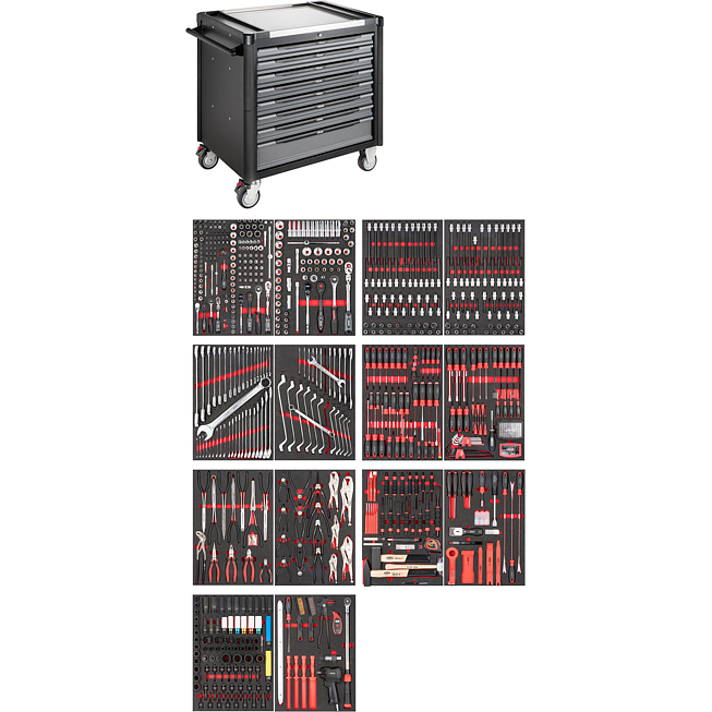 VIGOR Dílenský vozík řady XD ∙ extra hluboký ∙ nerezová pracovní deska ∙ s nářadím ∙ V4481-XD/775 ∙ 775-dílný ∙ Počet ks nářadí: 775