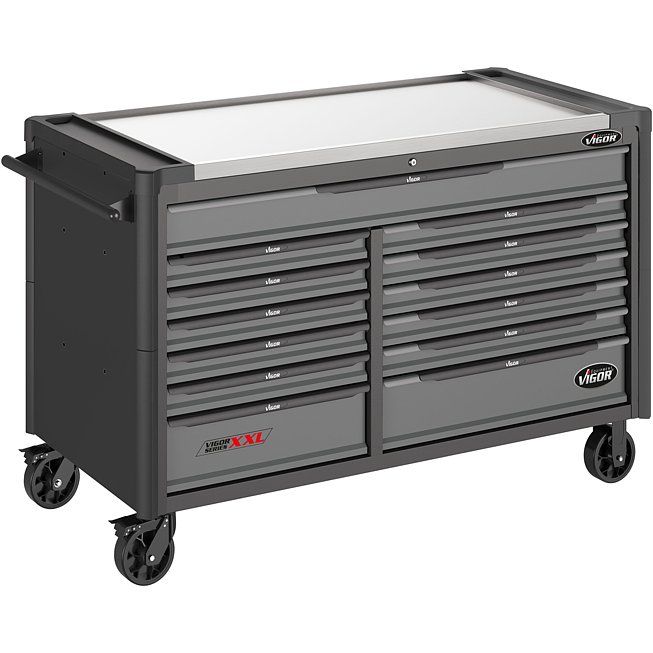 VIGOR Dílenský vozík řady XXL ∙ nerezová pracovní deska ∙ prázdná ∙ V4481-XXL ∙ d x š x v: 1625 mm x 695 mm x 1017 mm