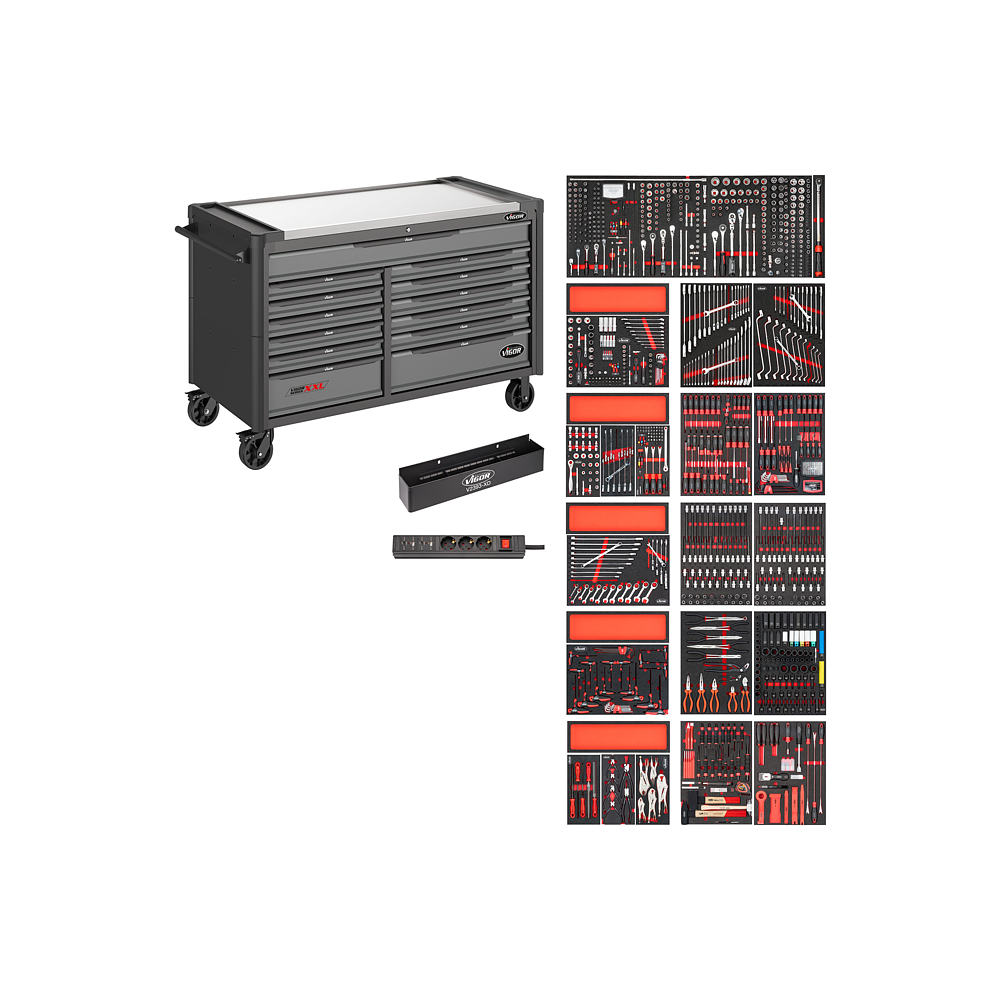 VIGOR D&iacute;lensk&yacute; voz&iacute;k řady XXL ∙ nerezov&aacute; pracovn&iacute; deska ∙ s n&aacute;řad&iacute;m ∙ V4481-XXL/1299 ∙ 1299-d&iacute;ln&yacute; ∙ Počet ks n&aacute;řad&iacute;: 1299