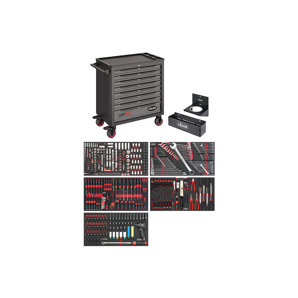 VIGOR Dílenský vozík řady XL ∙ plastová pracovní deska ∙ s nářadím ∙ V4481/466 ∙ 466-dílný ∙ Počet ks nářadí: 466