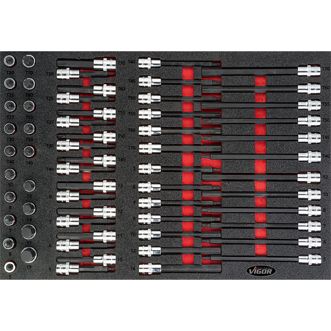 VIGOR Sada nástrčných hlavic ∙ V4727 ∙ 1/2 palce (12,5 mm) čtyřhran dutý ∙ Vnitřní profil TORX®, Vnitřní drážkový profil Ribe-CV, Profil vnitřní šestihran, Vnitřní ozubený profil XZN ∙ 62-dílný ∙ 5 – 19 · T20 – T70 ∙ Počet ks nářadí: 62
