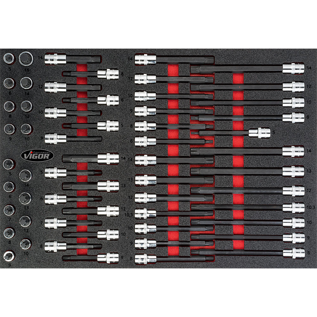 VIGOR Sada nástrčných hlavic ∙ V4729 ∙ 1/2 palce (12,5 mm) čtyřhran dutý ∙ Vnitřní drážkový profil Ribe-CV, Vnitřní ozubený profil XZN ∙ 58-dílný ∙ M5 – M16 ∙ Počet ks nářadí: 58