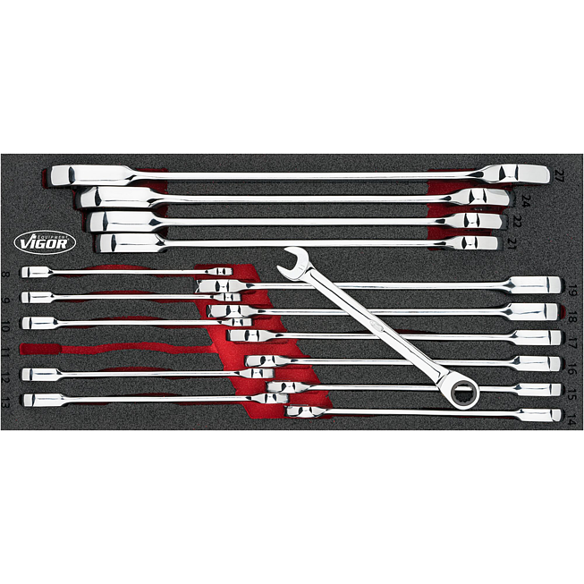 VIGOR Sada r&aacute;čnov&yacute;ch očko-ploch&yacute;ch kl&iacute;čů ∙ V4987 ∙ Vněj&scaron;&iacute; dvojit&yacute; &scaron;estihran profil, Profil vněj&scaron;&iacute; &scaron;estihran ∙ 16-d&iacute;ln&yacute; ∙ 8&nbsp;&ndash;&nbsp;27 ∙ Počet ks n&aacute;řad&iacute;: 16