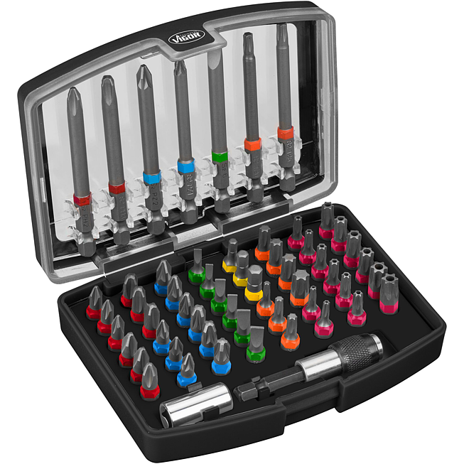VIGOR Box s bity ∙ V5020 ∙ 1/4 palce (6,3 mm) šestihran masivní ∙ Plochý profil, Profil vnitřní šestihran, Křížový profil PH, Profil Pozidriv PZ, Vnitřní profil TORX®, Profil Tamper Resistant TORX® ∙ 57-dílný ∙ 0,5 x 3 – 1 x 6 · 3 – 5 · PH1 – PH3 · P