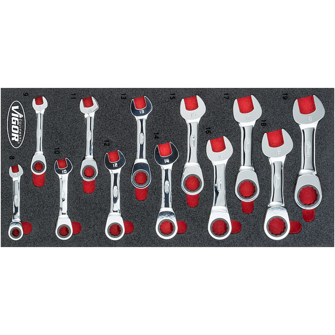 VIGOR Sada r&aacute;čnov&yacute;ch očko-ploch&yacute;ch kl&iacute;čů ∙ kr&aacute;tk&aacute; ∙ V5075 ∙ Vněj&scaron;&iacute; dvojit&yacute; &scaron;estihran profil, Profil vněj&scaron;&iacute; &scaron;estihran ∙ 12-d&iacute;ln&yacute; ∙ 8&nbsp;&ndash;&nbsp;19 ∙ Počet ks n&aacute;řad&iacute;: 12