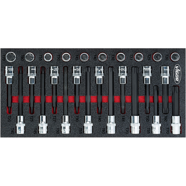 VIGOR T sada n&aacute;strčn&yacute;ch hlavic ∙ V5095 ∙ 1/2 palce (12,5 mm) čtyřhran dut&yacute; ∙ Vnitřn&iacute; profil TORX&reg; ∙ 26-d&iacute;ln&yacute; ∙ T20&nbsp;&ndash;&nbsp;T70 ∙ Počet ks n&aacute;řad&iacute;: 26