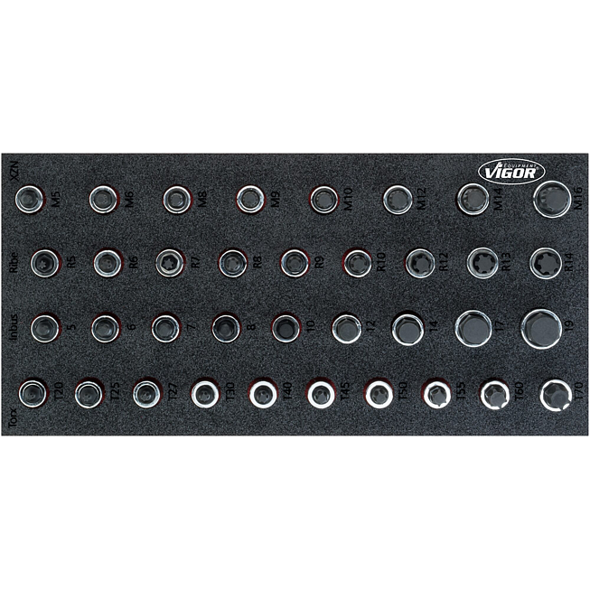 VIGOR Sada n&aacute;strčn&yacute;ch hlavic ∙ V5099 ∙ 1/2 palce (12,5 mm) čtyřhran dut&yacute; ∙ Vnitřn&iacute; profil TORX&reg;, Vnitřn&iacute; dr&aacute;žkov&yacute; profil Ribe-CV, Profil vnitřn&iacute; &scaron;estihran, Vnitřn&iacute; ozuben&yacute; profil XZN ∙ 36-d&iacute;ln&yacute; ∙ 5&nbsp;&ndash;&nbsp;19 &middot; M5&nbsp;&ndash;&nbsp;M16 &middot; T20&nbsp;&ndash;&nbsp;T70 ∙ Počet ks n&aacute;řad&iacute;: 36