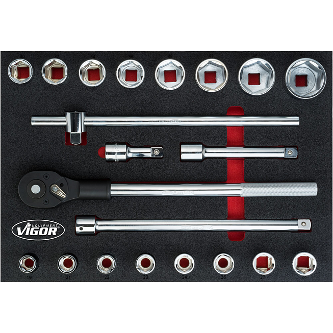 VIGOR Sada nástrčných klíčů ∙ V5109 ∙ 3/4 palce (20 mm) čtyřhran dutý ∙ Profil vnější šestihran ∙ 21-dílný ∙ 19 – 50 ∙ Počet ks nářadí: 21