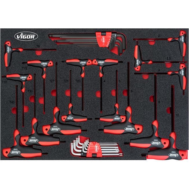 VIGOR Sada úhlových štoubováků a šroubováků s T-rukojetí ∙ V5175 ∙ Vnitřní profil TORX®, Profil vnitřní šestihran ∙ 34-dílný ∙ 2 – 10 · T9 – T40 ∙ Počet ks nářadí: 34