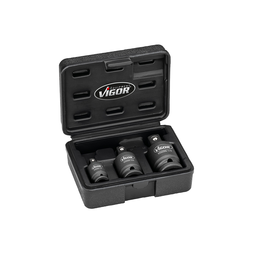 VIGOR Sada kloubů pro rázový utahovák ∙ V5505N ∙ 1/4 palce (6,3 mm) čtyřhran dutý, 3/8 palce (10 mm) čtyřhran dutý, 1/2 palce (12,5 mm) čtyřhran dutý ∙ 1/4 palce (6,3 mm) čtyřhran masivní, 3/8 palce (10 mm) čtyřhran masivní, 1/2 palce (12,5 mm) čtyřh