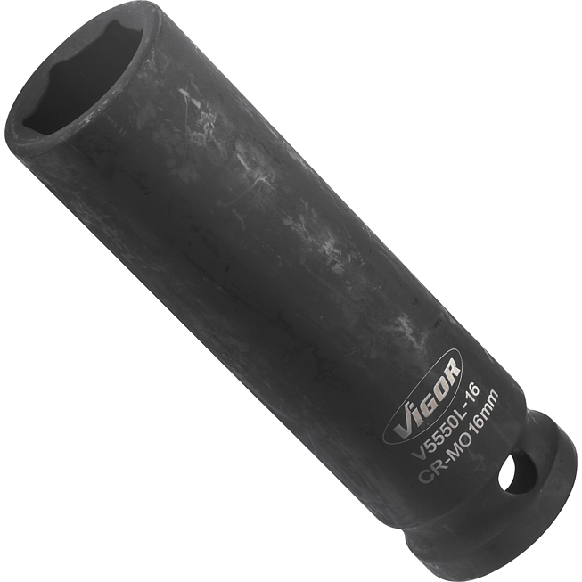 VIGOR Nástrčná hlavice pro rázový utahovák ∙ dlouhá ∙ V5550L-16 ∙ 1/2 palce (12,5 mm) čtyřhran dutý ∙ Profil vnější šestihran ∙ Velikost 16 mm