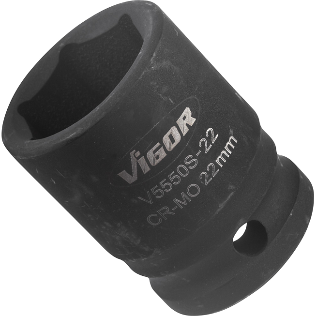 VIGOR Nástrčná hlavice pro rázový utahovák ∙ krátká ∙ V5550S-22 ∙ 1/2 palce (12,5 mm) čtyřhran dutý ∙ Profil vnější šestihran ∙ Velikost 22 mm