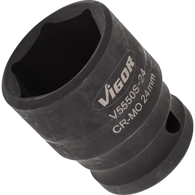 VIGOR Nástrčná hlavice pro rázový utahovák ∙ krátká ∙ V5550S-24 ∙ 1/2 palce (12,5 mm) čtyřhran dutý ∙ Profil vnější šestihran ∙ Velikost 24 mm
