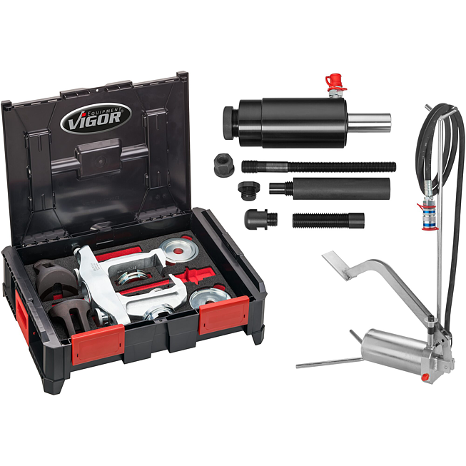 VIGOR Sada pro demont&aacute;ž / mont&aacute;ž kompaktn&iacute;ch ložisek kol ∙ s hydraulick&yacute;m nožn&iacute;m čerpadlem ∙ V5554 ∙ 28-d&iacute;ln&yacute; ∙ Počet ks n&aacute;řad&iacute;: 28