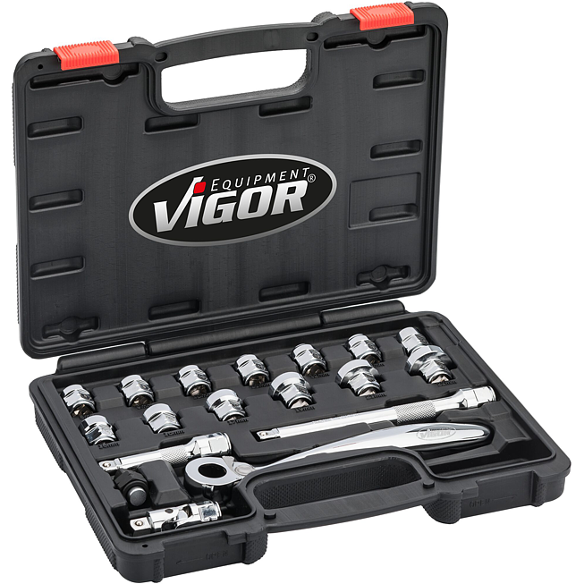 VIGOR Sada n&aacute;strčn&yacute;ch kl&iacute;čů ∙ superploch&yacute;ch ∙ V6202 ∙ 3/8 palce (10 mm) čtyřhran dut&yacute; ∙ Profil vněj&scaron;&iacute; &scaron;estihran ∙ 18-d&iacute;ln&yacute; ∙ 8&nbsp;&ndash;&nbsp;22 ∙ Počet ks n&aacute;řad&iacute;: 18