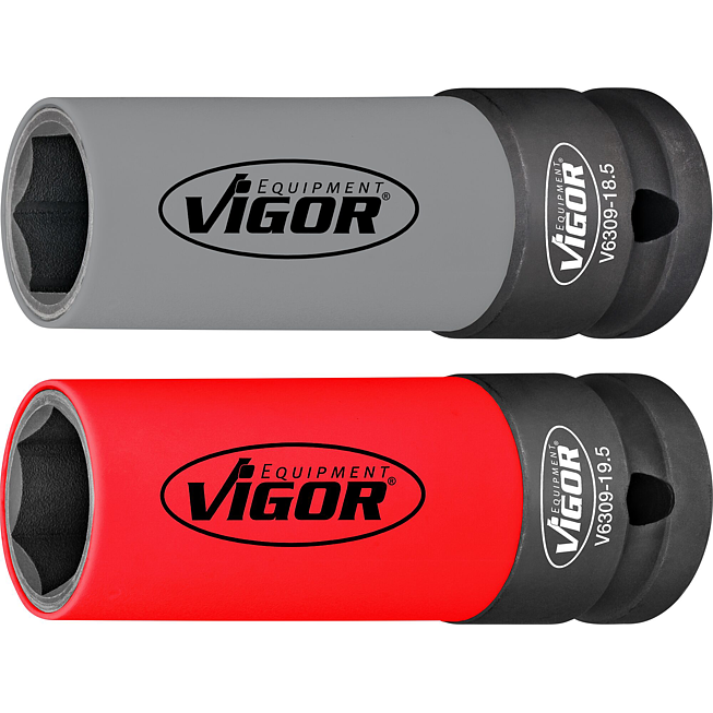 VIGOR Sada nástrčných klíčů pro rázové utahováky ∙ V6309 ∙ 1/2 palce (12,5 mm) čtyřhran dutý ∙ Profil vnější šestihran ∙ 2-dílný ∙ Počet ks nářadí: 2