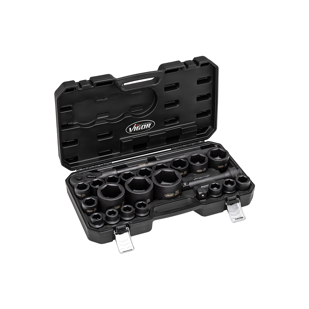 VIGOR Sada n&aacute;strčn&yacute;ch kl&iacute;čů pro r&aacute;zov&eacute; utahov&aacute;ky ∙ V6521 ∙ 3/4 palce (20 mm) čtyřhran dut&yacute;, 1 palec (25 mm) čtyřhran dut&yacute; ∙ Profil vněj&scaron;&iacute; &scaron;estihran ∙ 24-d&iacute;ln&yacute; ∙ 21 &ndash; 65 mm ∙ Počet ks n&aacute;řad&iacute;: 24
