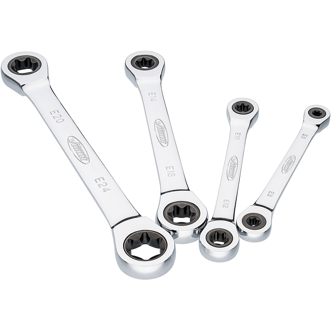 VIGOR Sada dvojitých ráčnových očkových klíčů ∙ V6611/4 ∙ Vnější profil TORX® ∙ 4-dílný ∙ E6 – E24 ∙ Počet ks nářadí: 4
