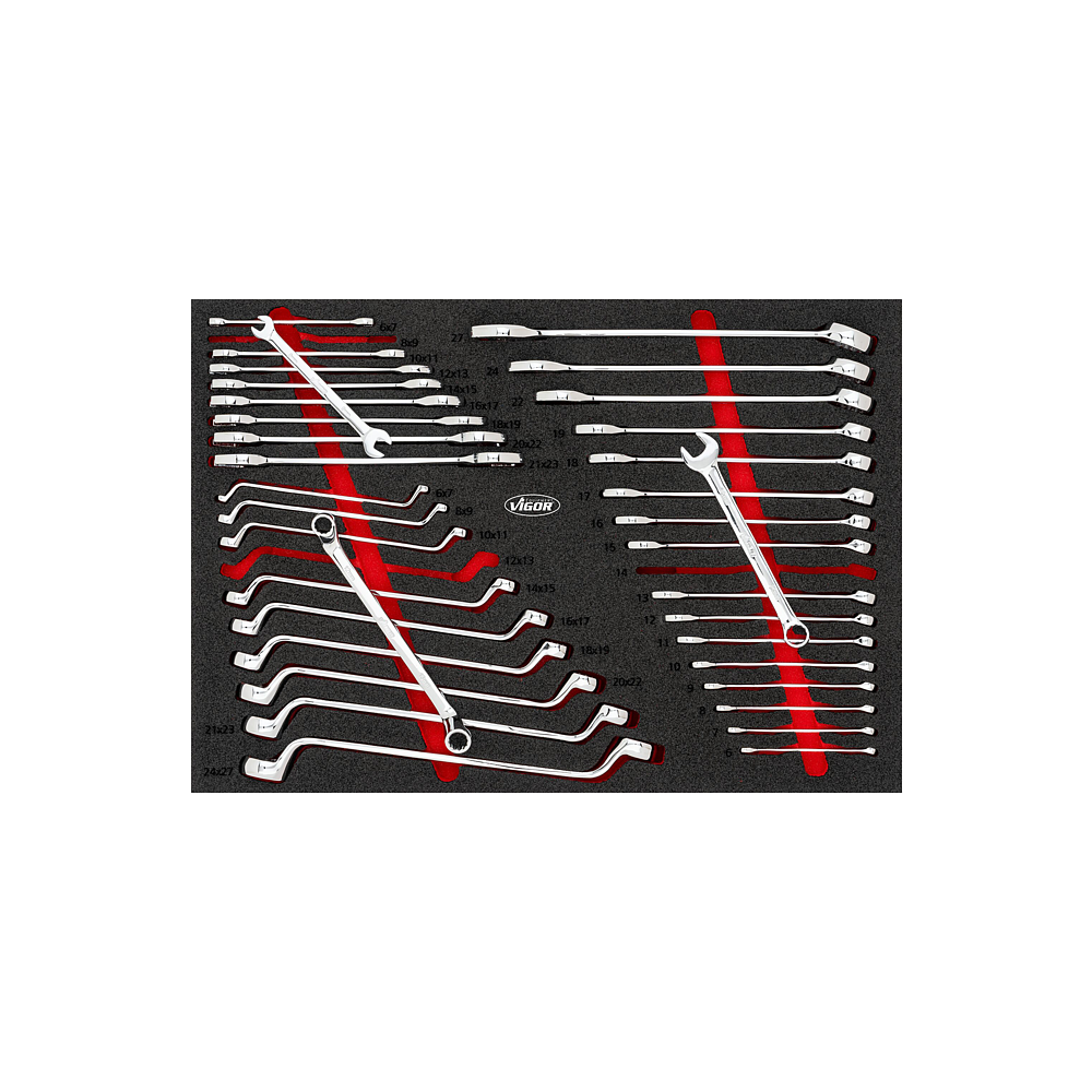 VIGOR Sada dvojitých plochých, dvojitých očkových a očkoplochých klíčů ∙ V6643N ∙ 36-dílný ∙ 6 x 7 – 24 x 27 ∙ 6 – 27 mm ∙ Počet ks nářadí: 36