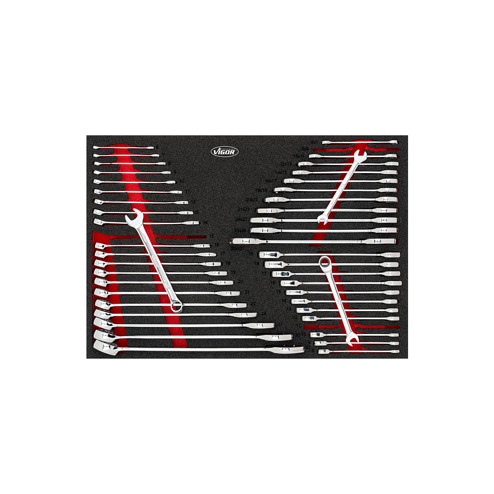 VIGOR Sada dvojitých plochých klíčů, očko-plochých klíčů, ráčnových očko-plochých klíčů ∙ V6724N ∙ 45-dílný ∙ 6 x 7 – 30 x 32 ∙ 6 – 32 mm ∙ Počet ks nářadí: 45