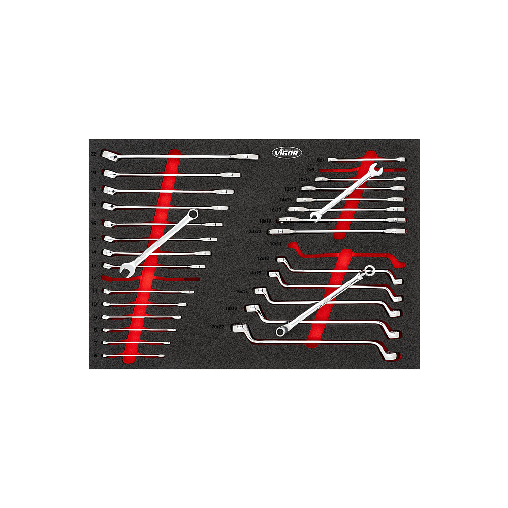 VIGOR Sada dvojitých plochých, dvojitých očkových a očkoplochých klíčů ∙ V6726N ∙ 29-dílný ∙ 6 x 7 – 20 x 22 ∙ 6 – 22 mm ∙ Počet ks nářadí: 29